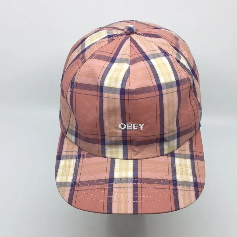 Obey Madras Salmon Pink Plaid Cotton Lightweight Baseball Hat Cap
